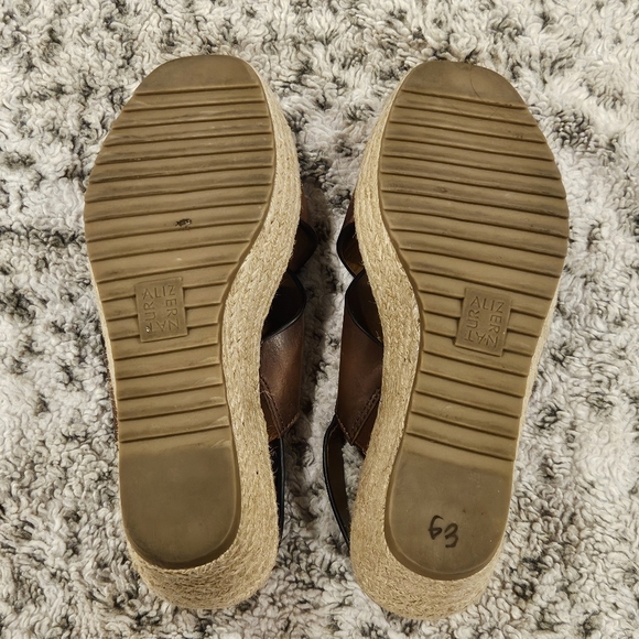 Naturalizer SZ 9.5W Open Toe Brown Leather Espadrille Slingback Buckle 3" Wedge - Picture 11 of 12